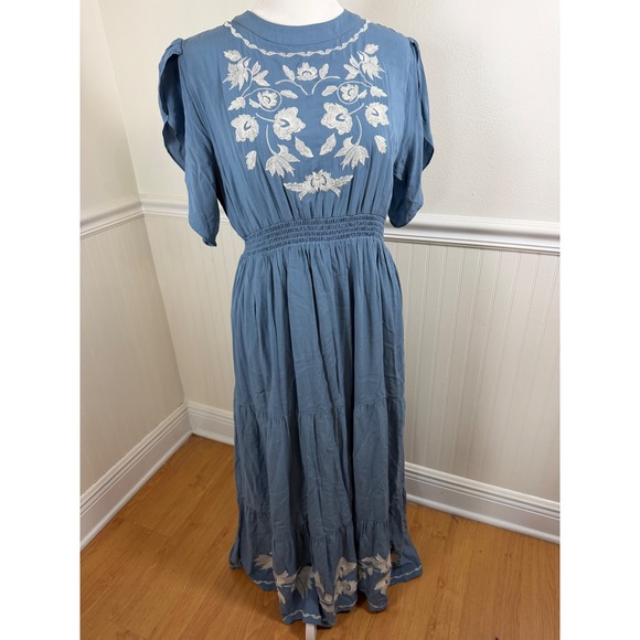 bohme Dresses & Skirts - Bohme Maxi Dress Women Large Blue Floral Embroidered Smocked Waist PSD1844A-BM